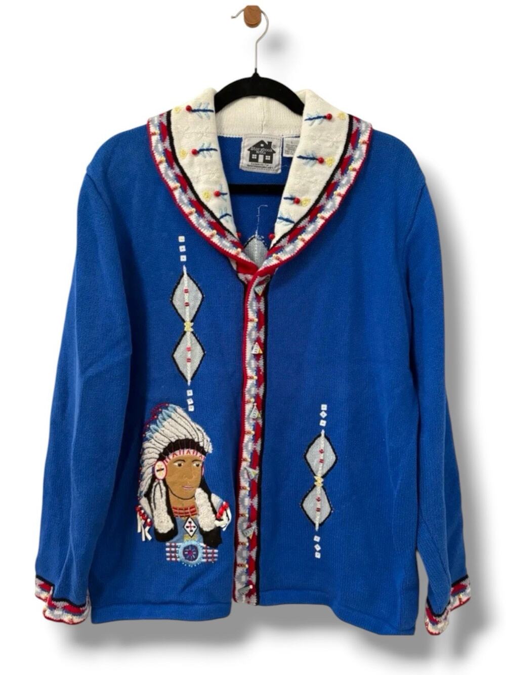 Vintage Storybook Knits Native American Chief Beaded Cardigan Sweater L